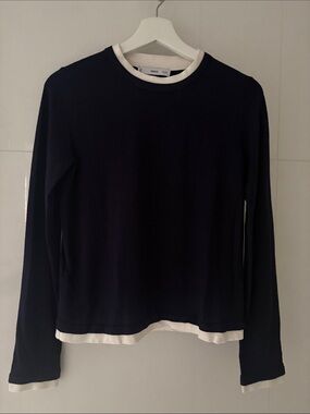 Mango Navy Long-Sleeve Crewneck Knit Top with Ivory Trim
Medium